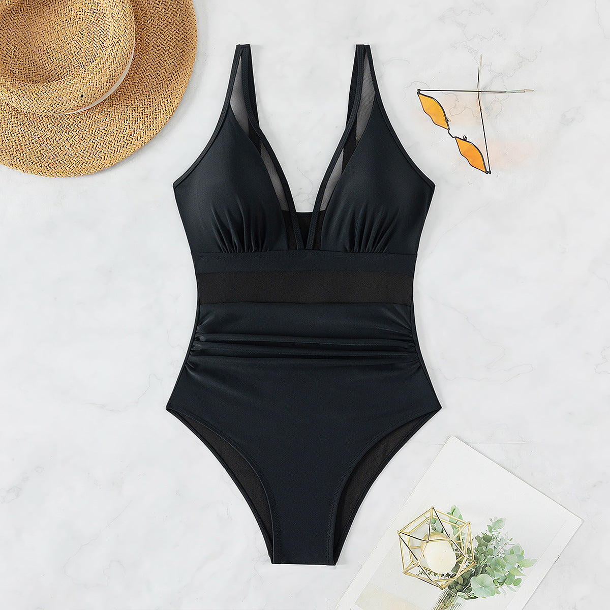 V-Neck Swimsuit with Adjustable Straps and Sheer Detail