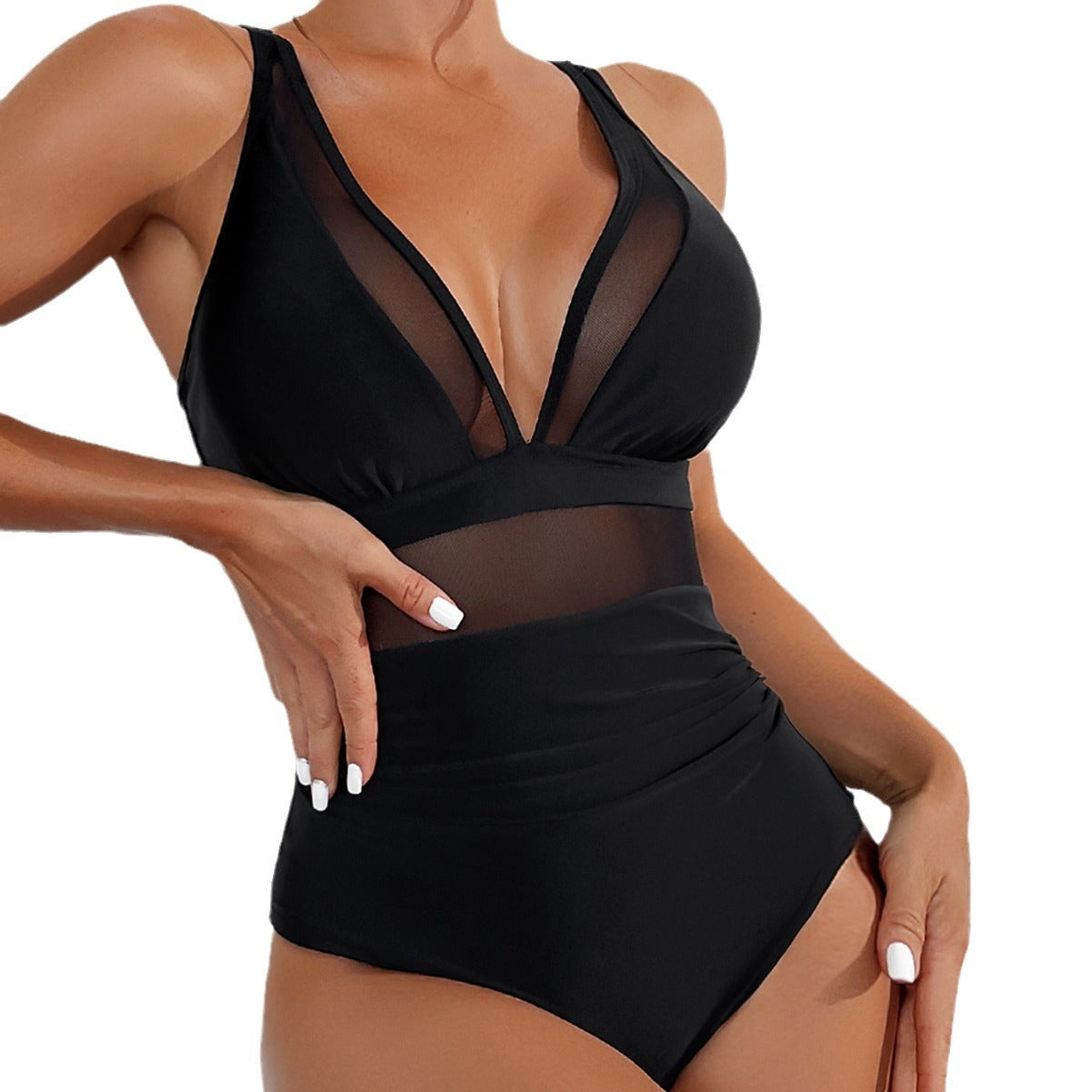 V-Neck Swimsuit with Adjustable Straps and Sheer Detail